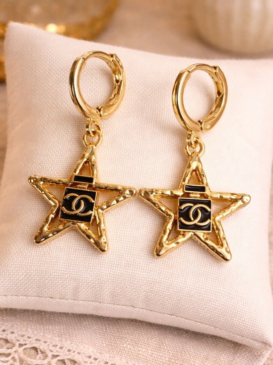 CHANEL Jewelry - Chanel Stamped Zipper Gold Star Hoop Drop Earrings